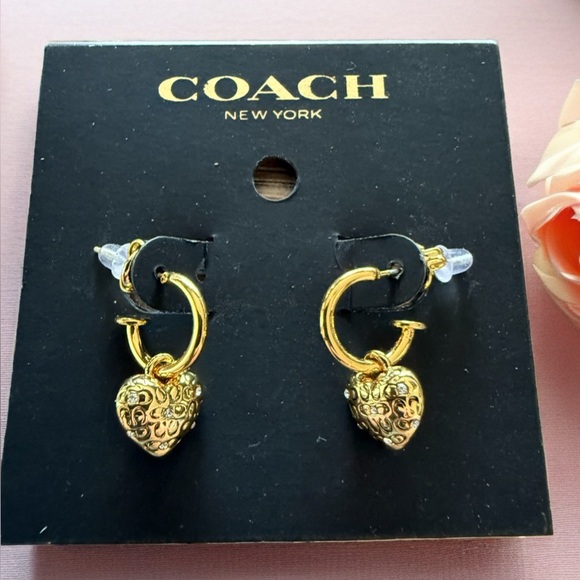 COACH Faux Stone Signature Quilted Heart Charm Huggie Earrings - Picture 5 of 5